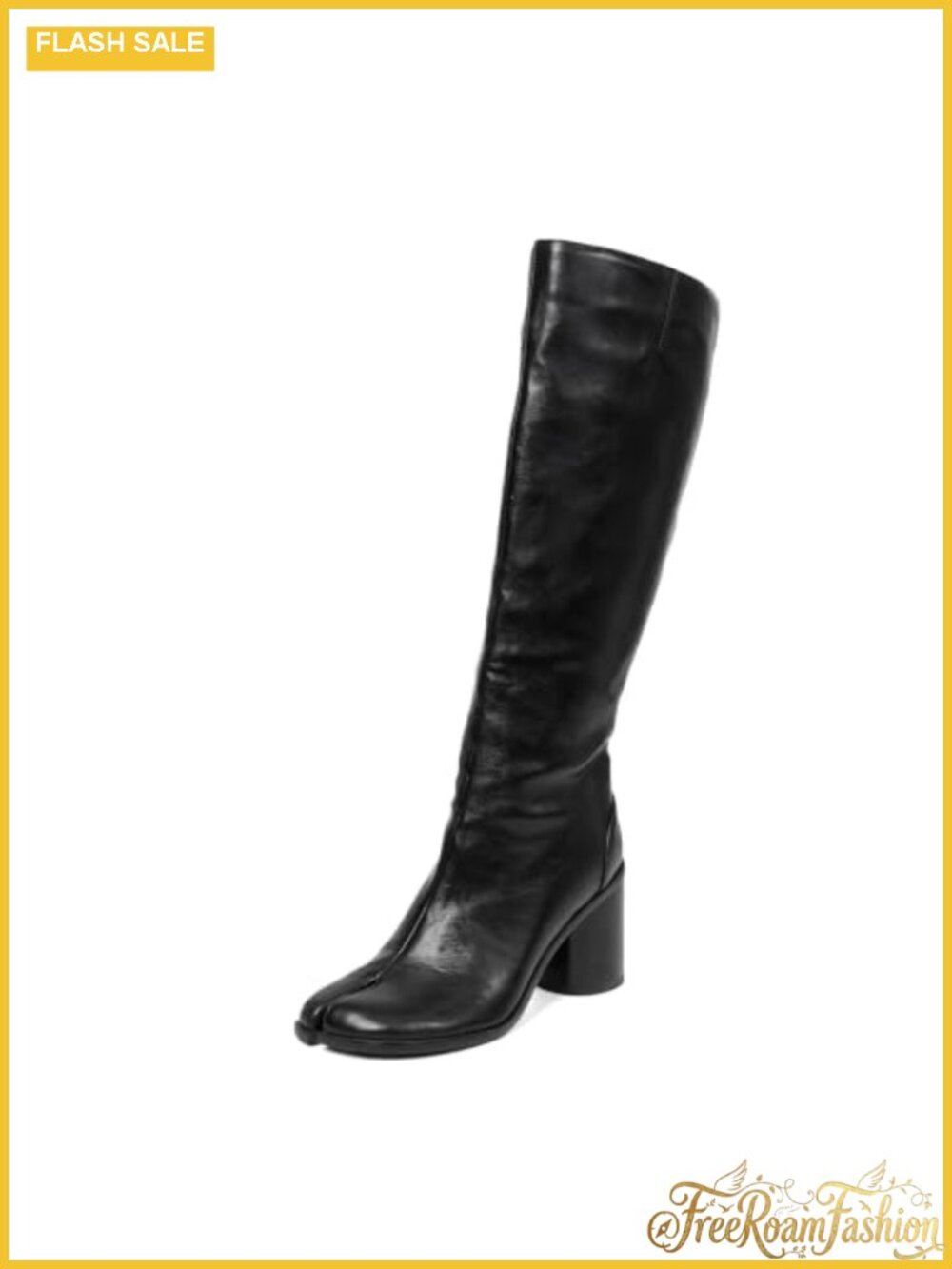 Tabi Knee High Boots Faux Leather Split Toe Chunky Block Heel Zip